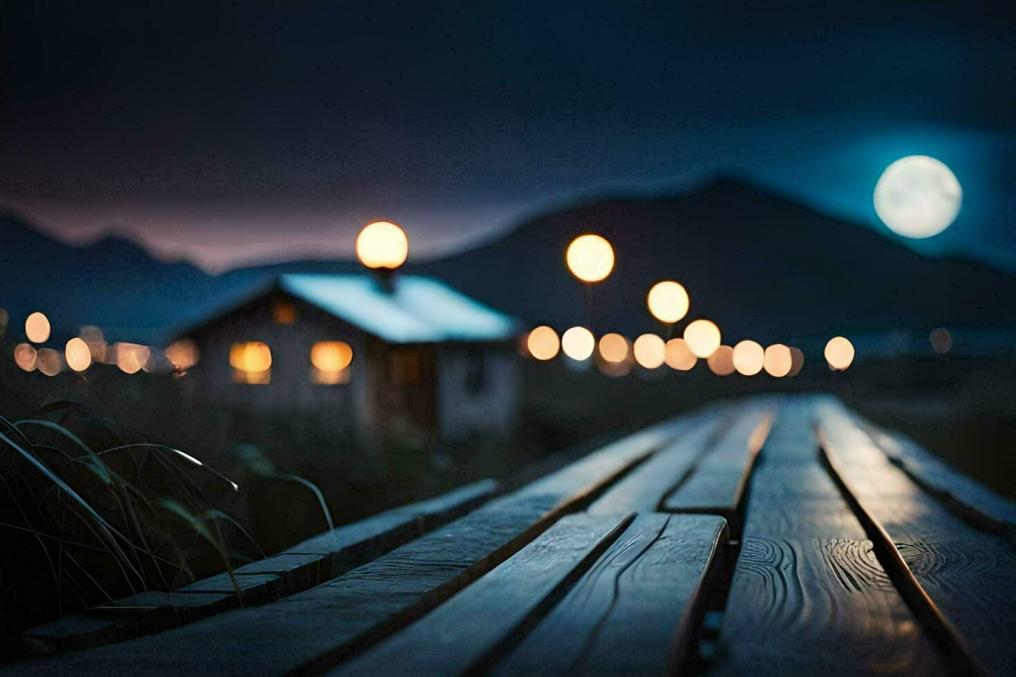 a wooden boardwalk with lights on it at night. AI-Generated photo