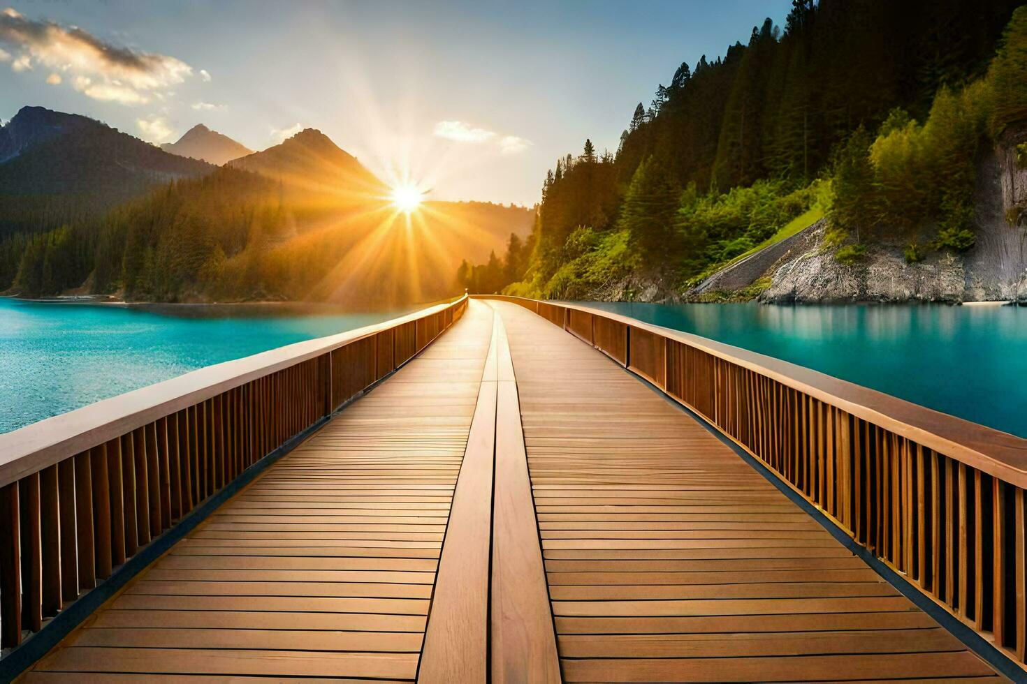 a wooden bridge over a lake with mountains in the background. AI-Generated photo