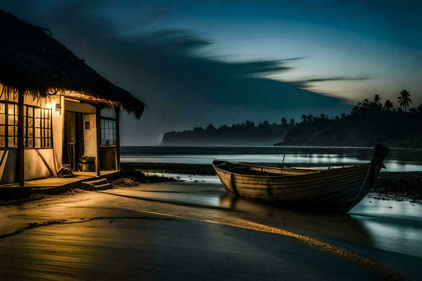 a boat sits on the beach at night. AI-Generated photo
