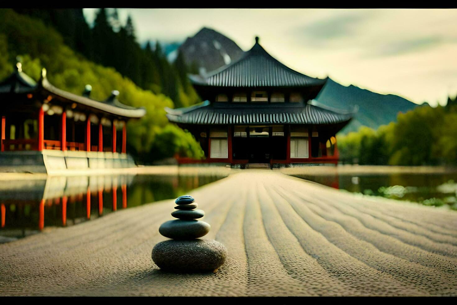 a stone stack sits on the ground in front of a lake. AI-Generated photo