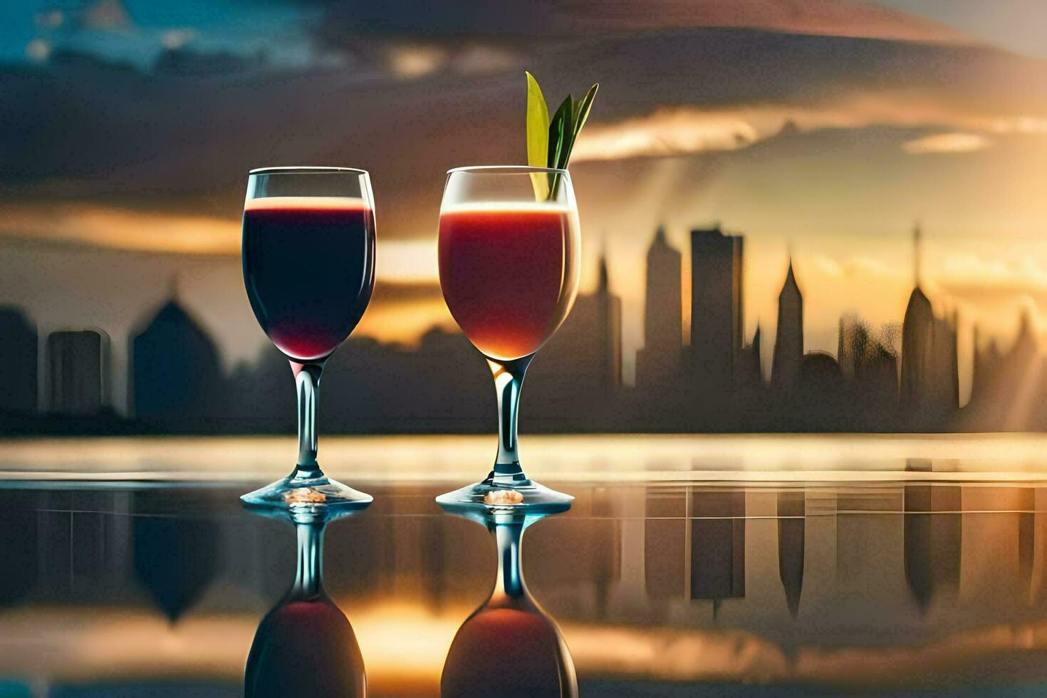 two glasses of red wine with a city skyline in the background. AI-Generated photo