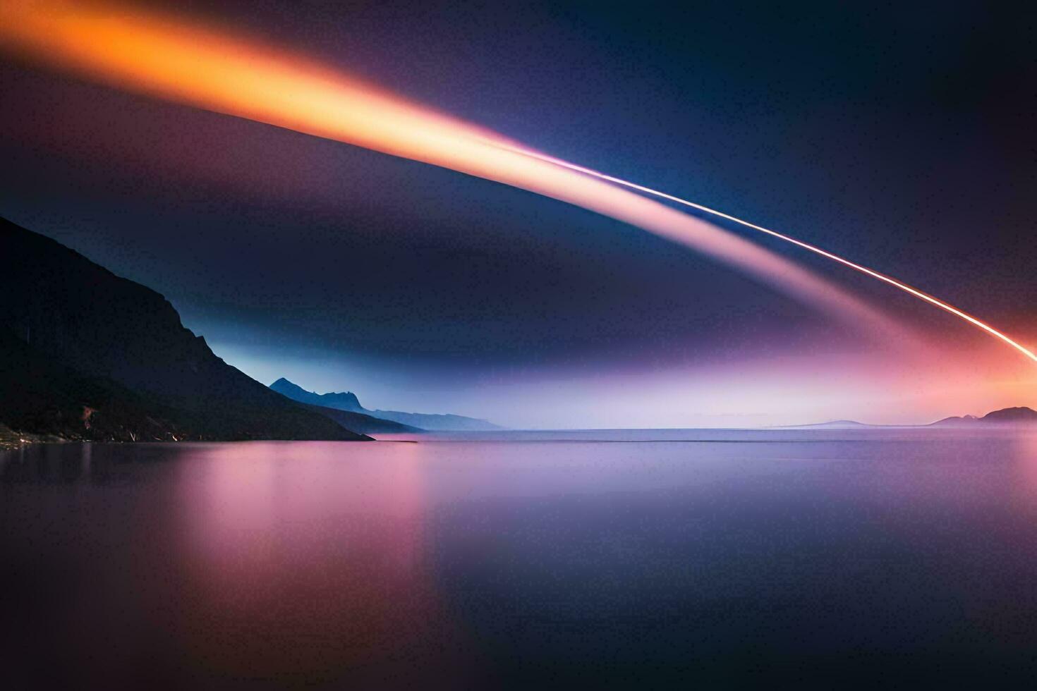 a long exposure photograph of a rocket flying over the ocean. AI-Generated photo