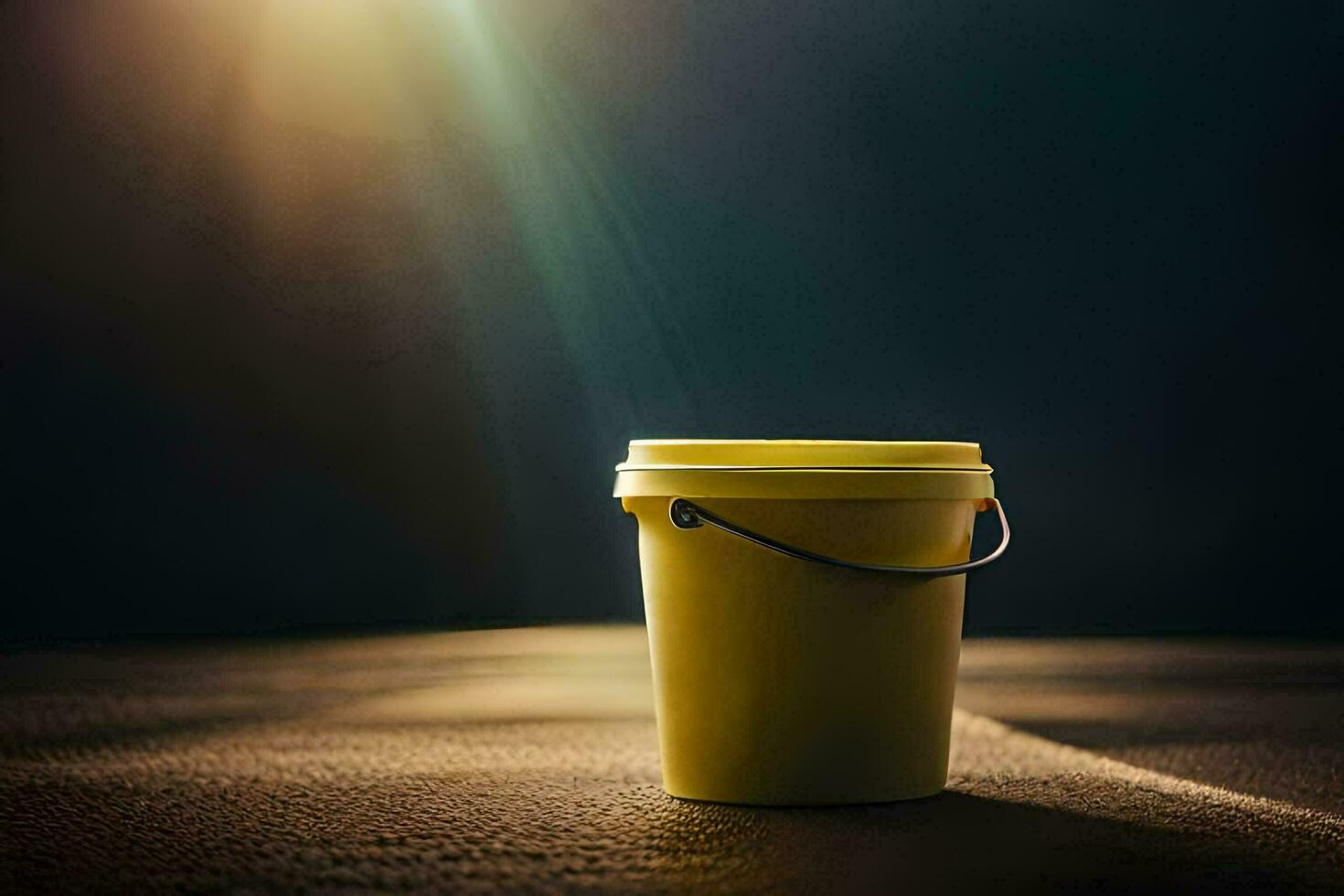 a yellow bucket sitting on a dark floor. AI-Generated photo