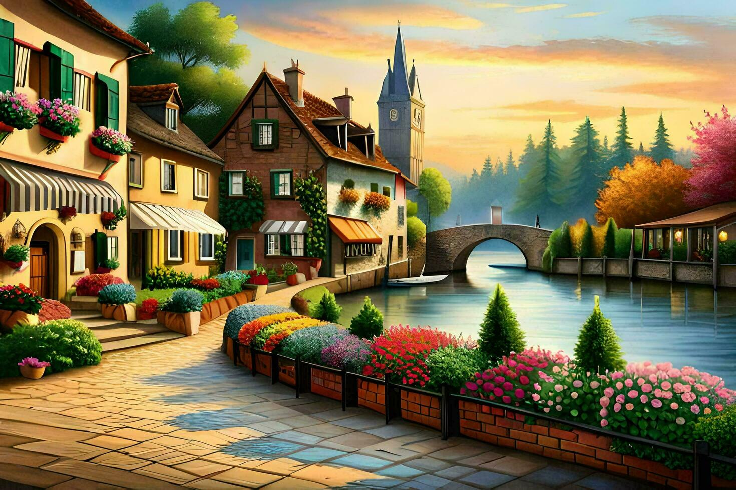 a painting of a town with flowers and buildings. AI-Generated photo