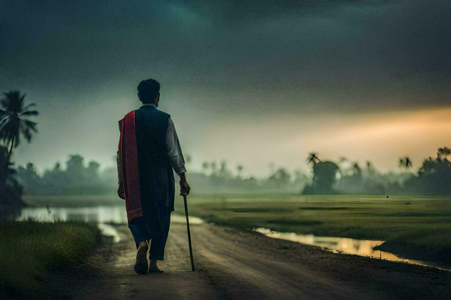 a man walking on a road with a cane. AI-Generated photo