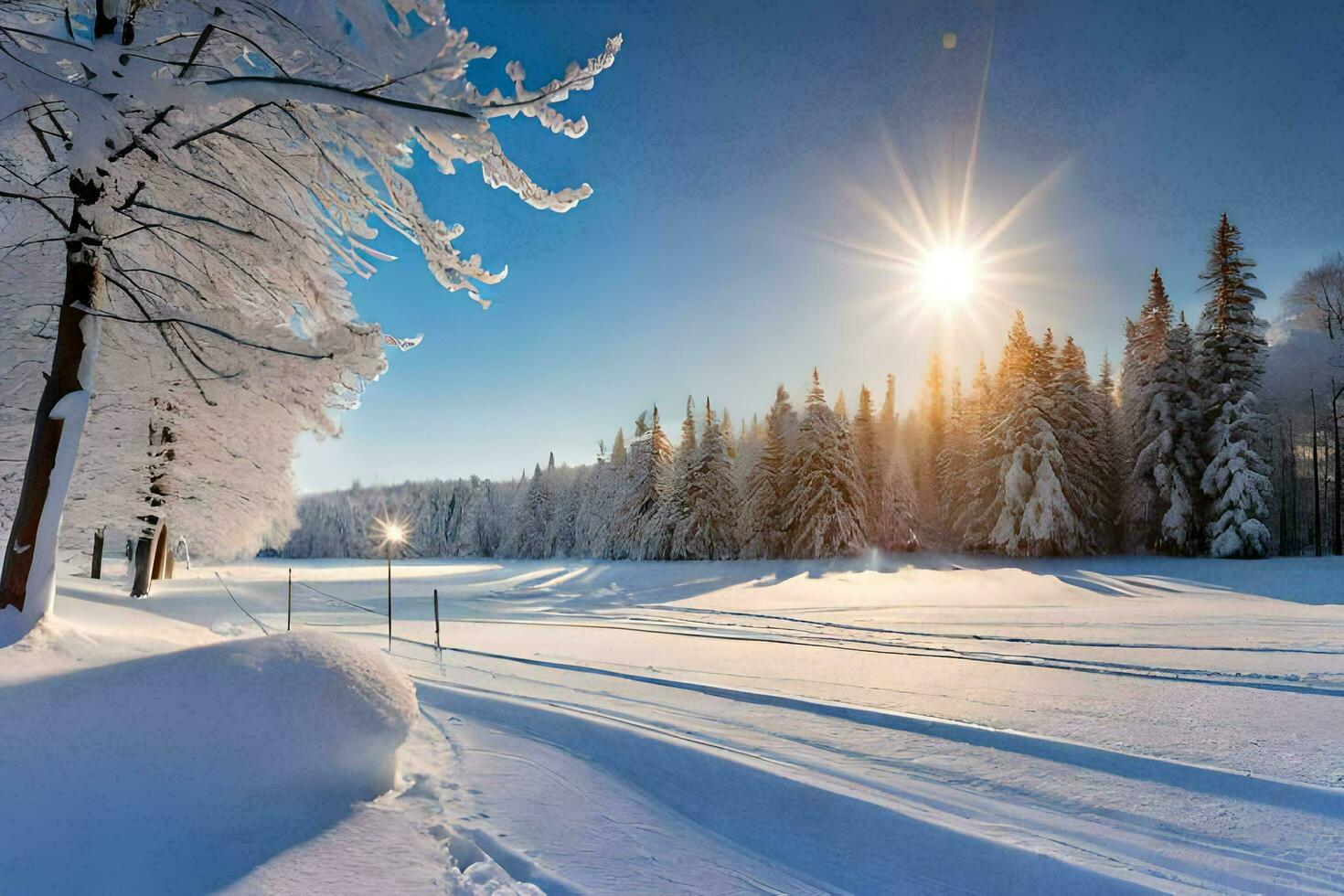 a snowy landscape with trees and sun. AI-Generated photo