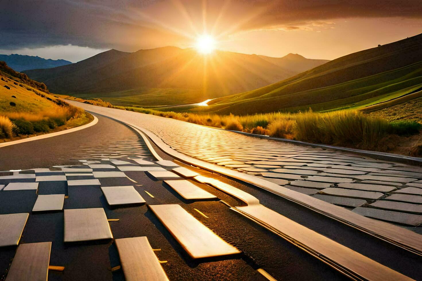 a road with a sun setting behind it. AI-Generated photo