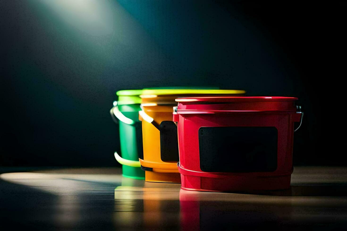 three colorful buckets on a dark surface. AI-Generated photo