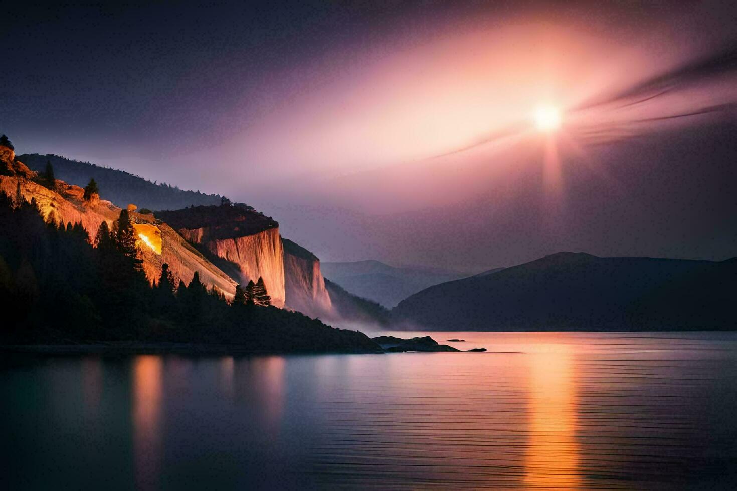 the moon rises over a mountain range and lake. AI-Generated photo