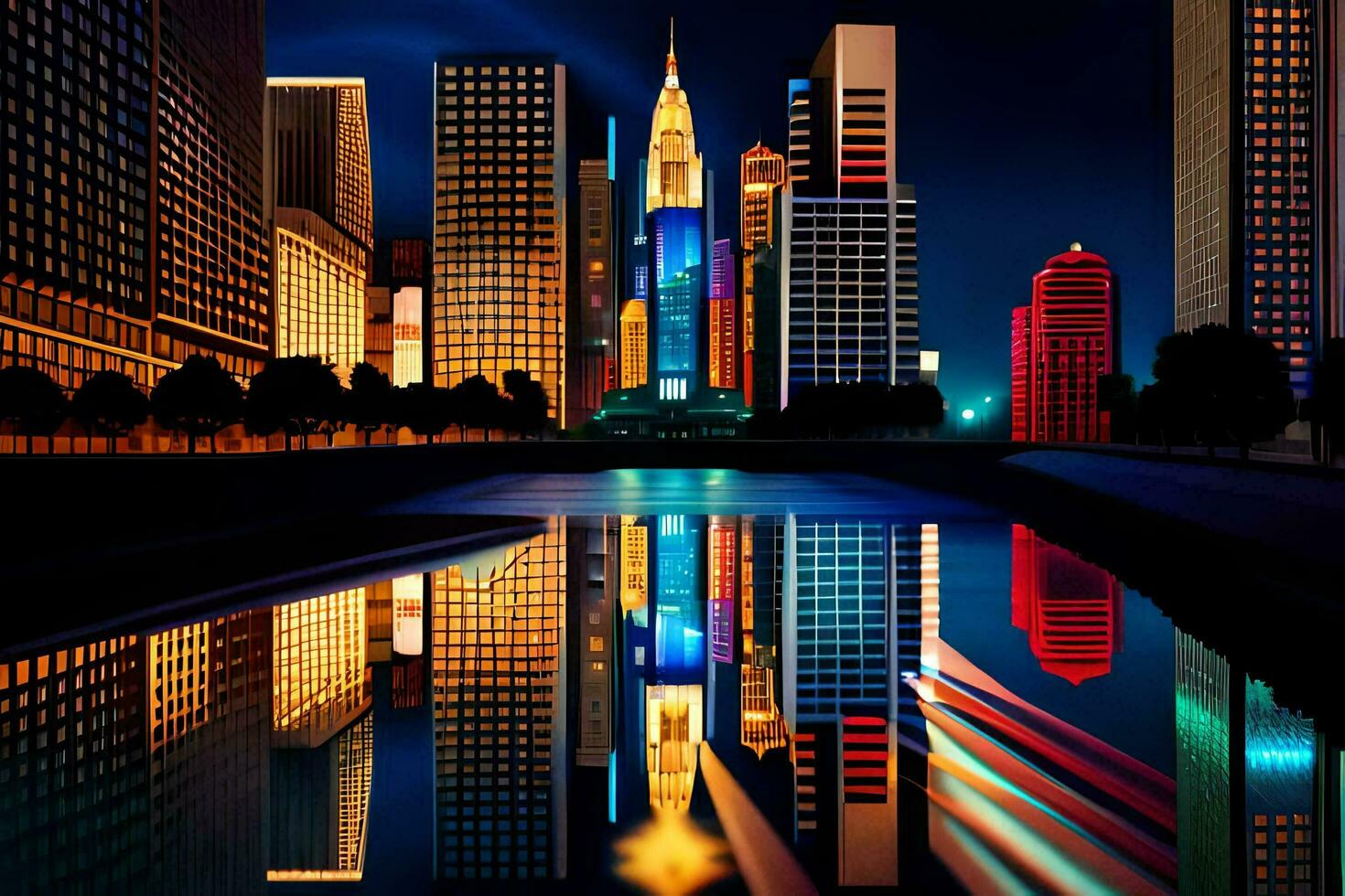 a city at night with a reflection of the buildings. AI-Generated photo