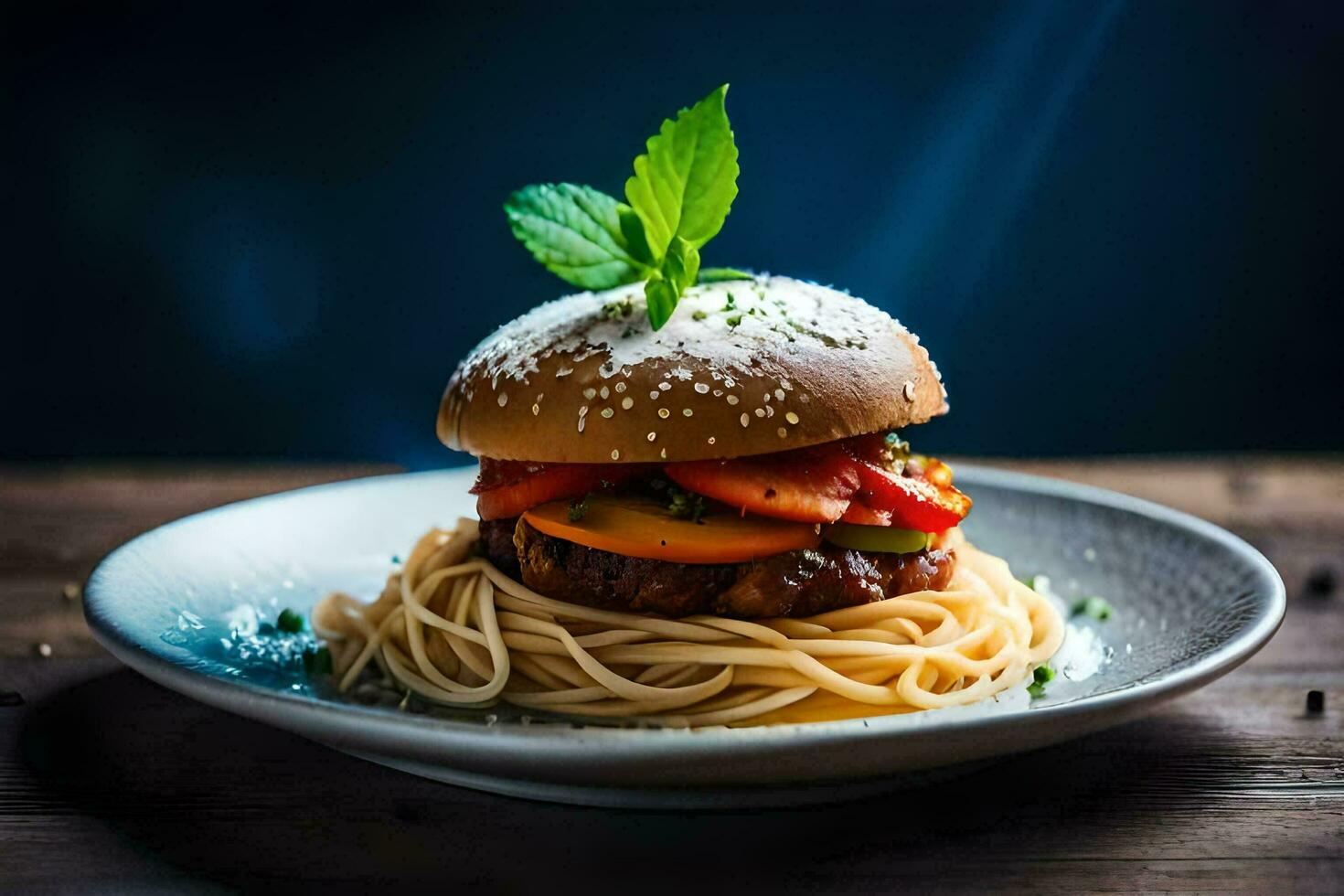 a hamburger with spaghetti on a plate. AI-Generated photo