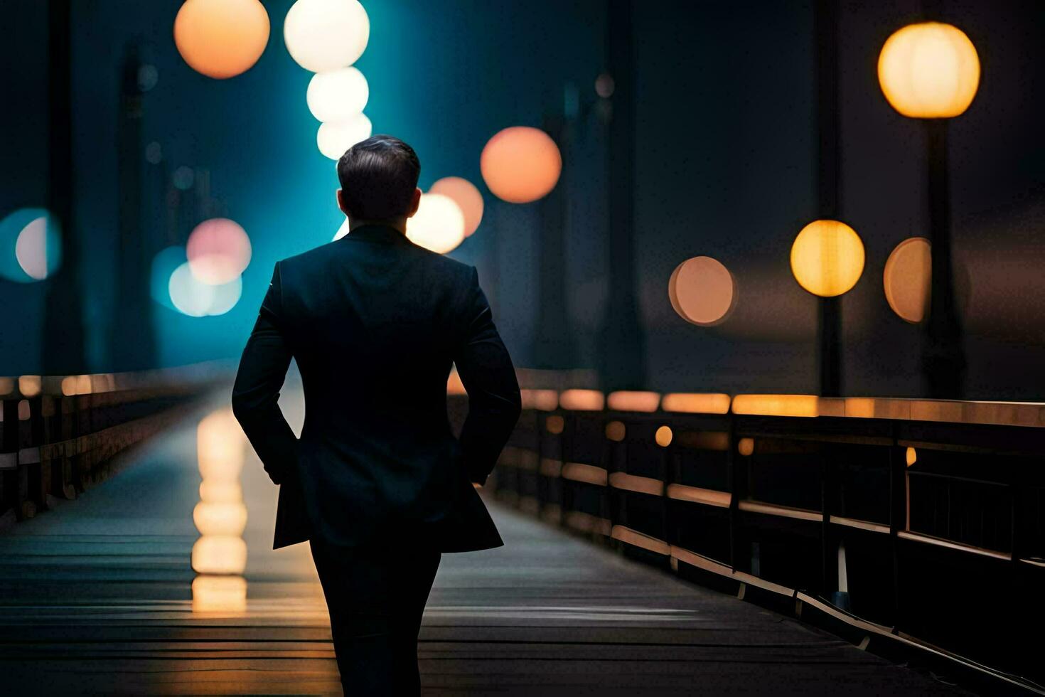 a man in a suit walks on a bridge at night. AI-Generated photo