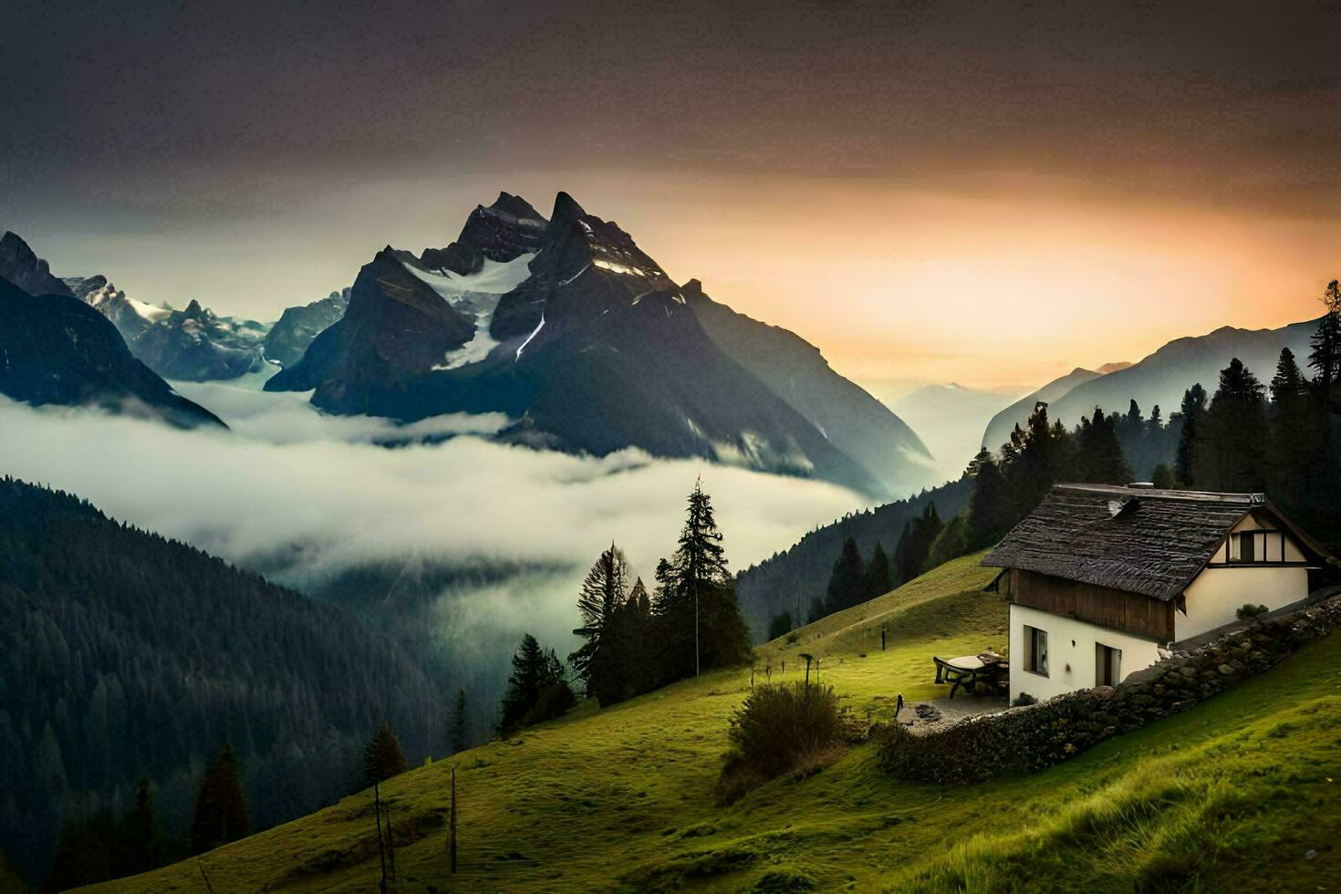 a house sits on a hill overlooking the mountains. AI-Generated photo