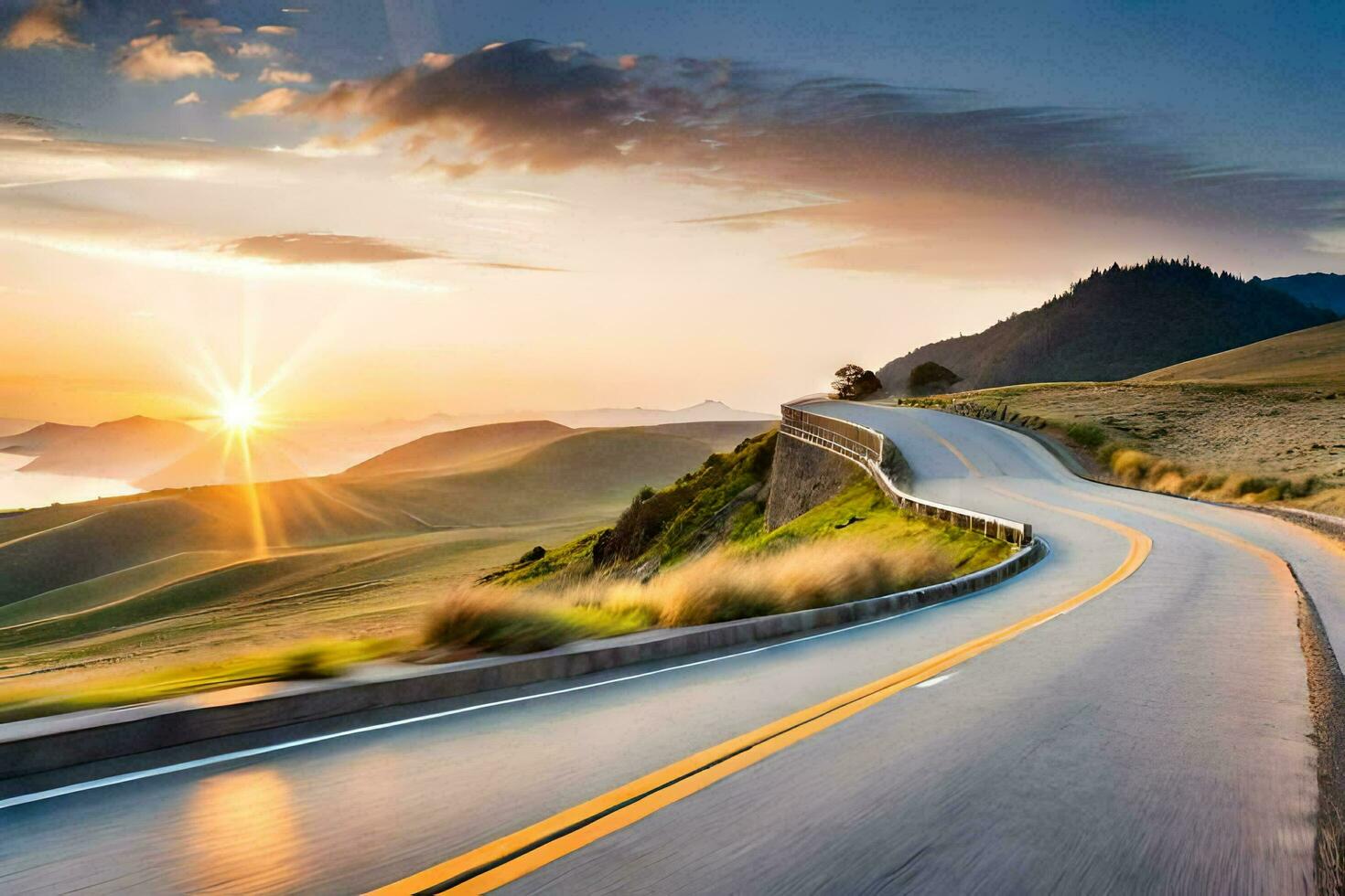 a winding road with the sun setting behind it. AI-Generated photo
