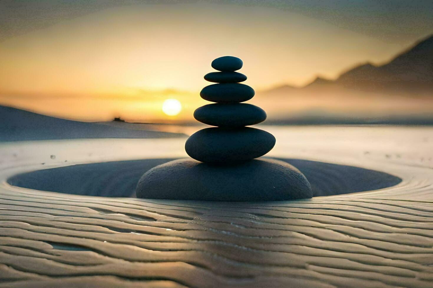 a stack of stones in the sand at sunset. AI-Generated photo
