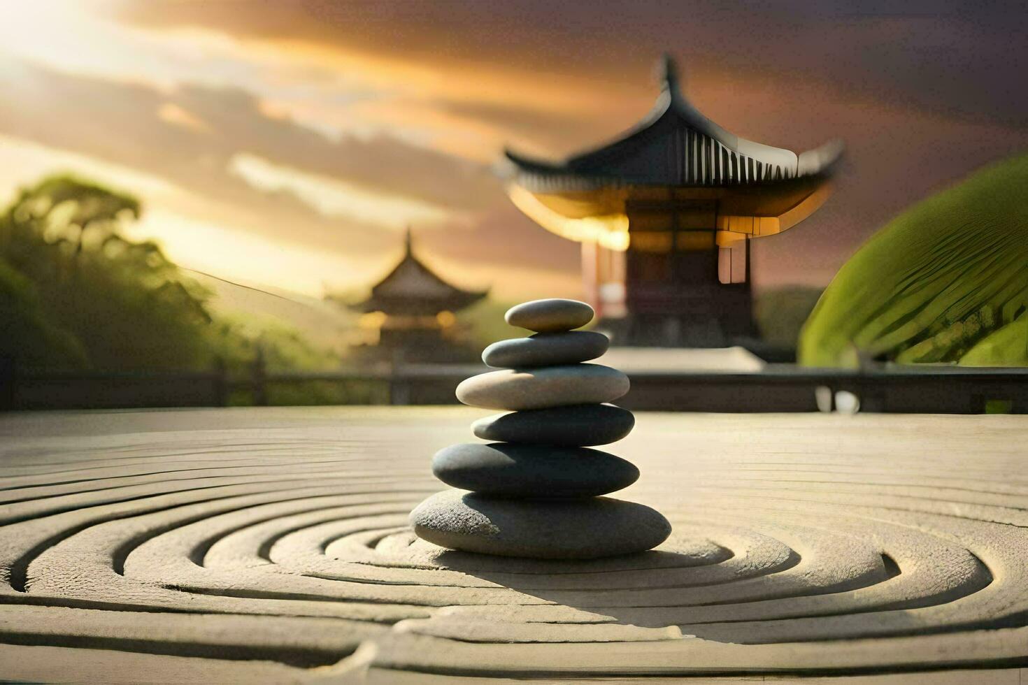 a stone labyrinth in front of a pagoda. AI-Generated photo