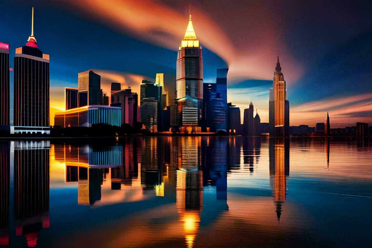 the city skyline at sunset with reflections in the water. AI-Generated photo