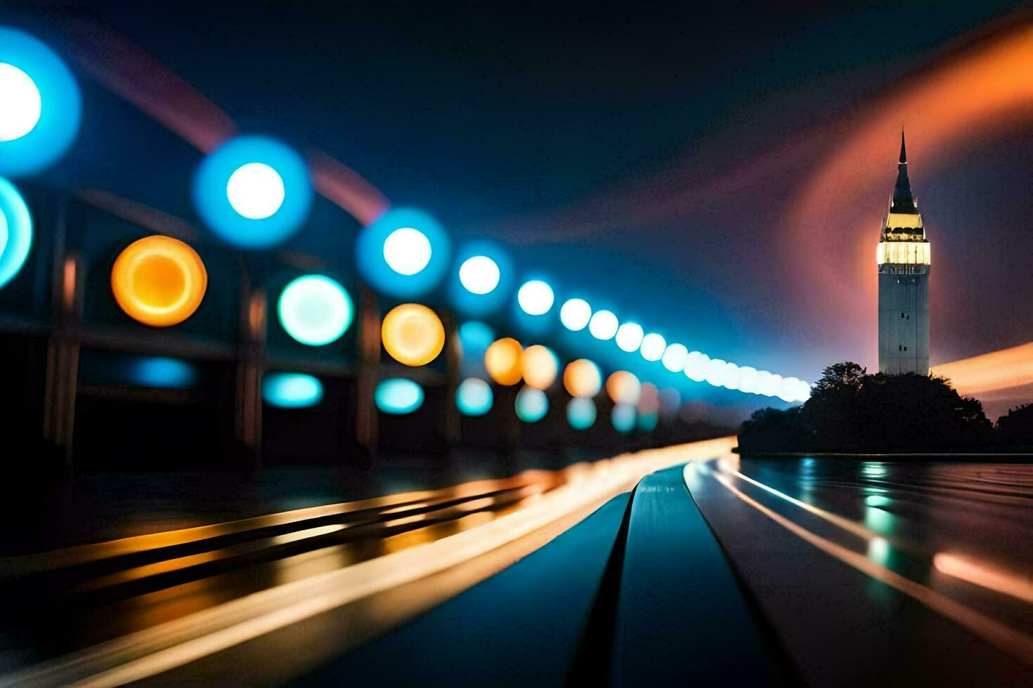 a long exposure photograph of a clock tower and train tracks. AI-Generated photo
