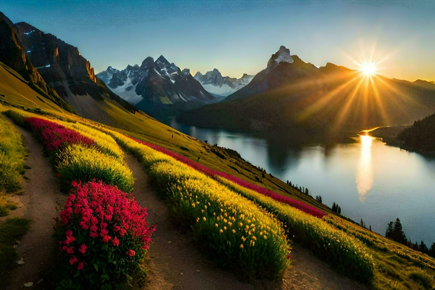 the sun rises over the mountains and flowers in the foreground. AI-Generated photo