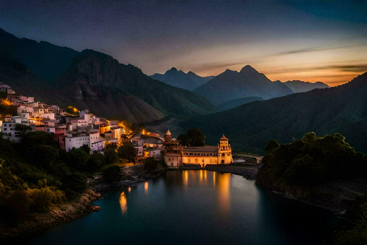 a small village sits on the edge of a lake at dusk. AI-Generated photo