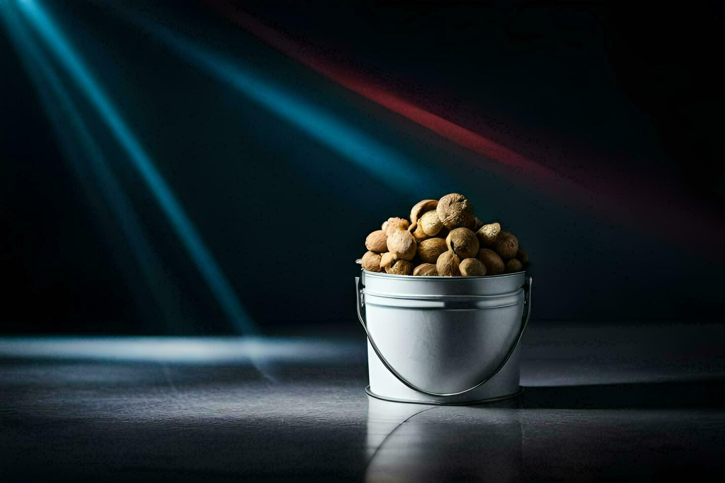 a bucket filled with peanuts on a dark table. AI-Generated photo