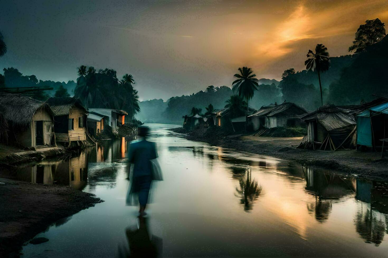 a woman walks along a river in a village at sunset. AI-Generated photo