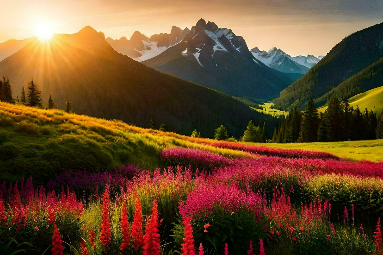 the sun shines over a field of flowers and mountains. AI-Generated photo