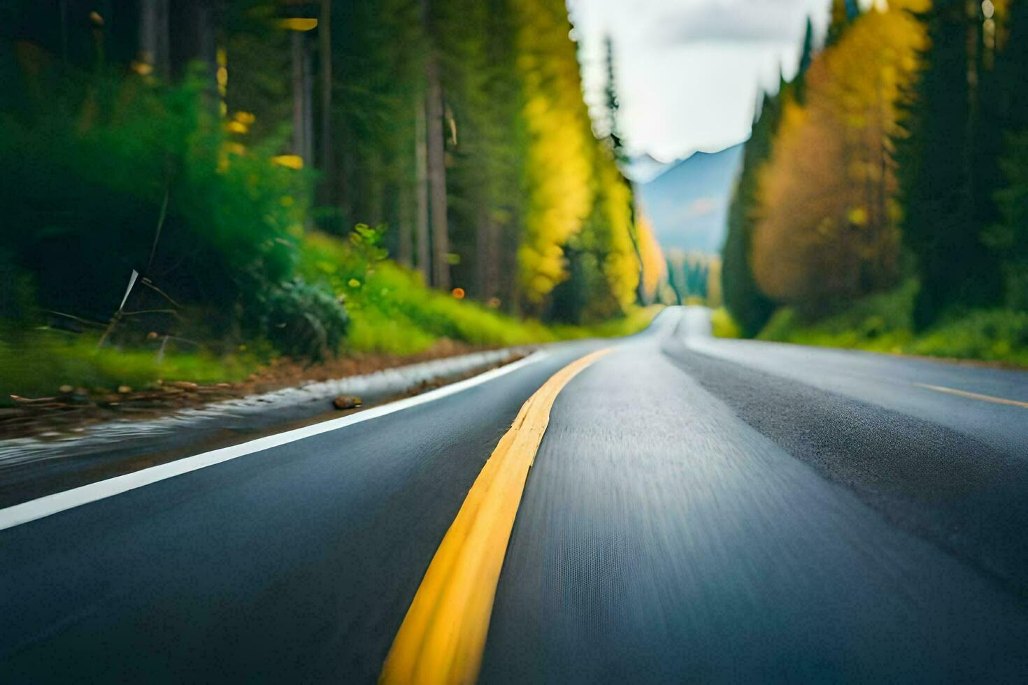 a road in the mountains with trees and a yellow line. AI-Generated photo