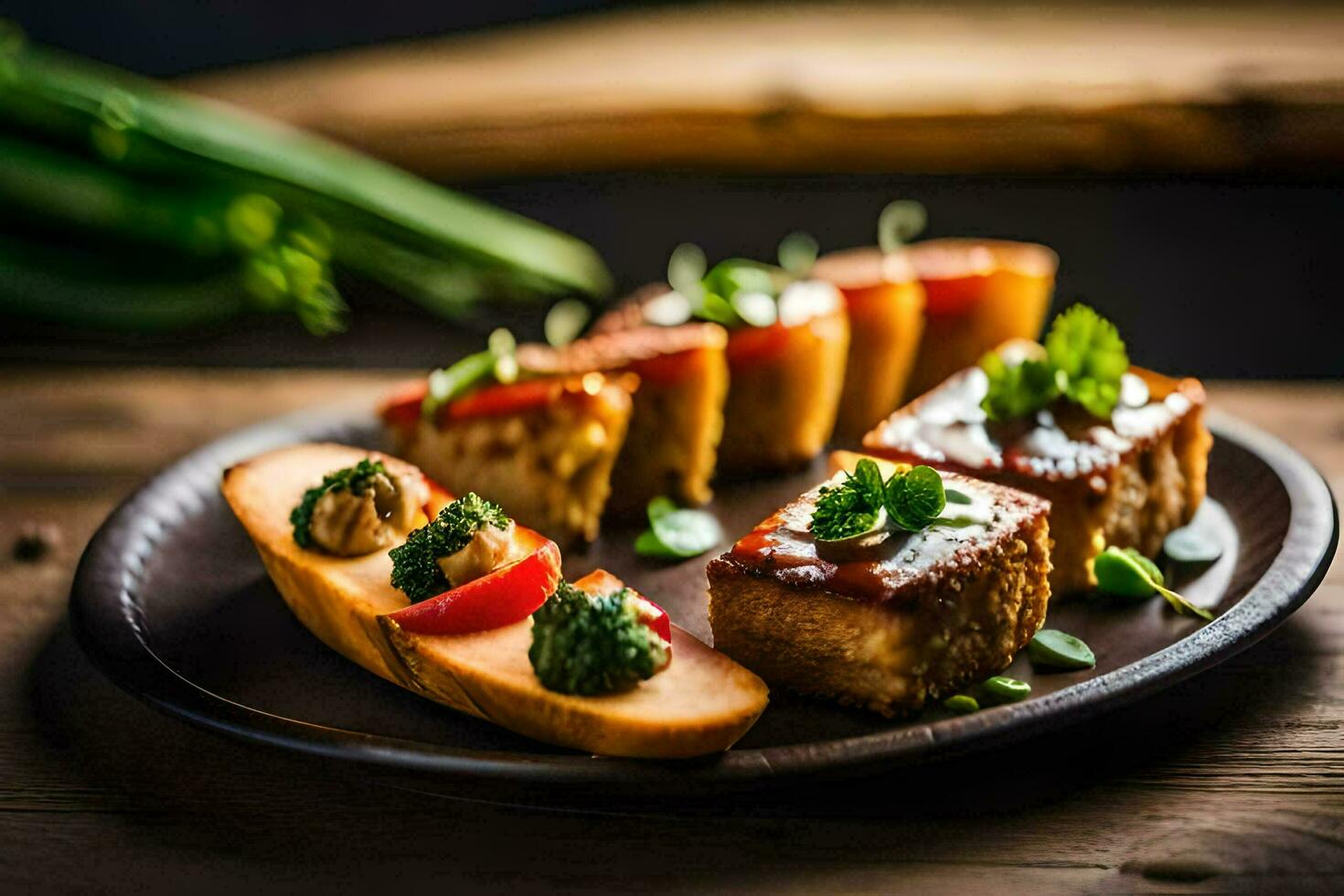 un plato de comida con vegetales y un pan. generado por ai foto