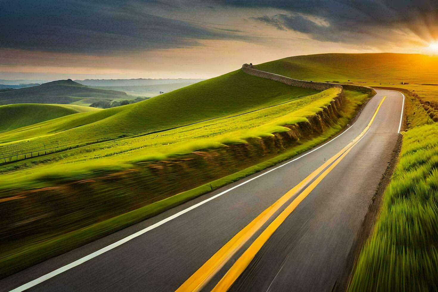 a road in the countryside with the sun setting. AI-Generated photo