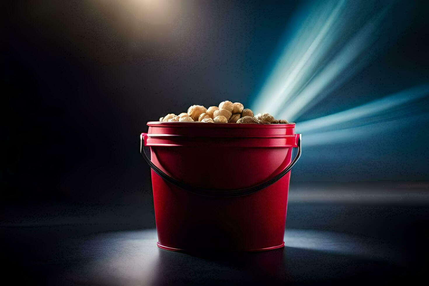 a bucket of popcorn on a dark background. AI-Generated photo