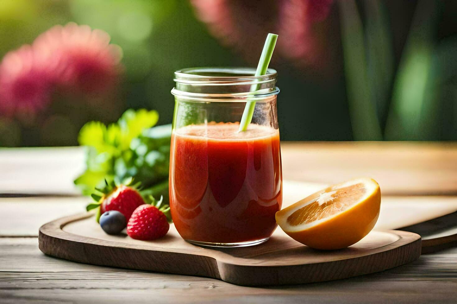 a glass jar with a strawberry, orange and a slice of lemon. AI-Generated photo