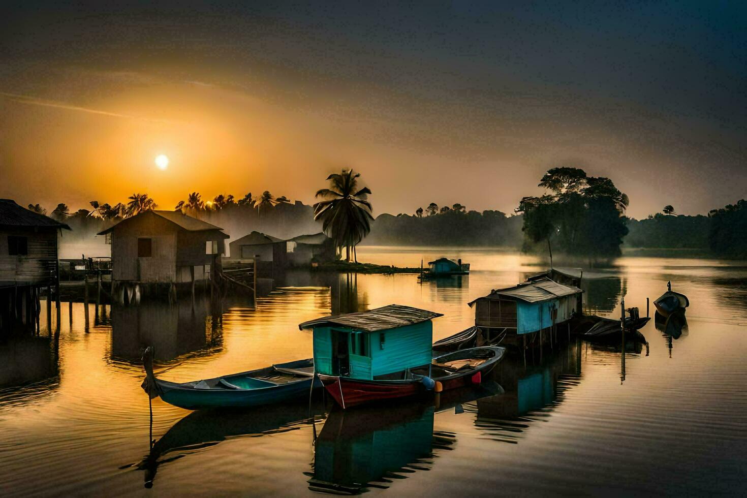 barcos son atracado en el agua a amanecer. generado por ai foto