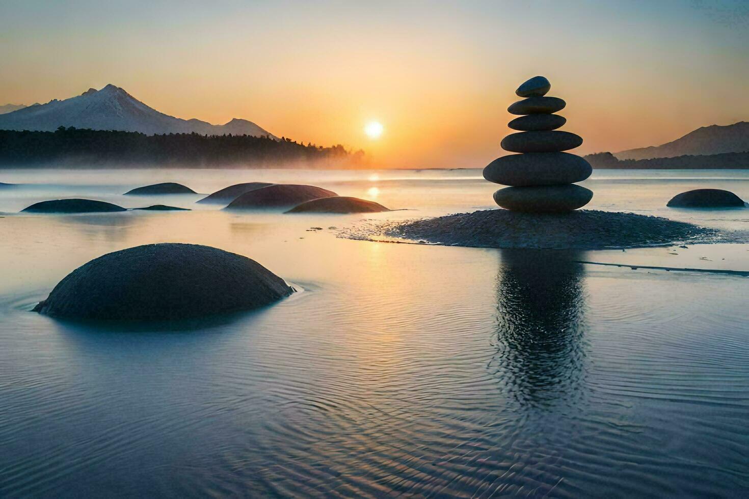 a stack of rocks in the water at sunset. AI-Generated photo
