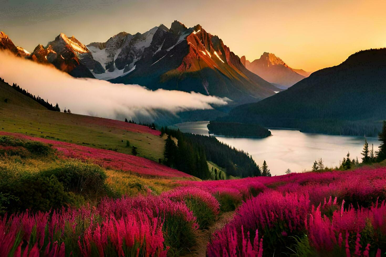 el Dom sube terminado el montañas y rosado flores floración en el primer plano. generado por ai foto