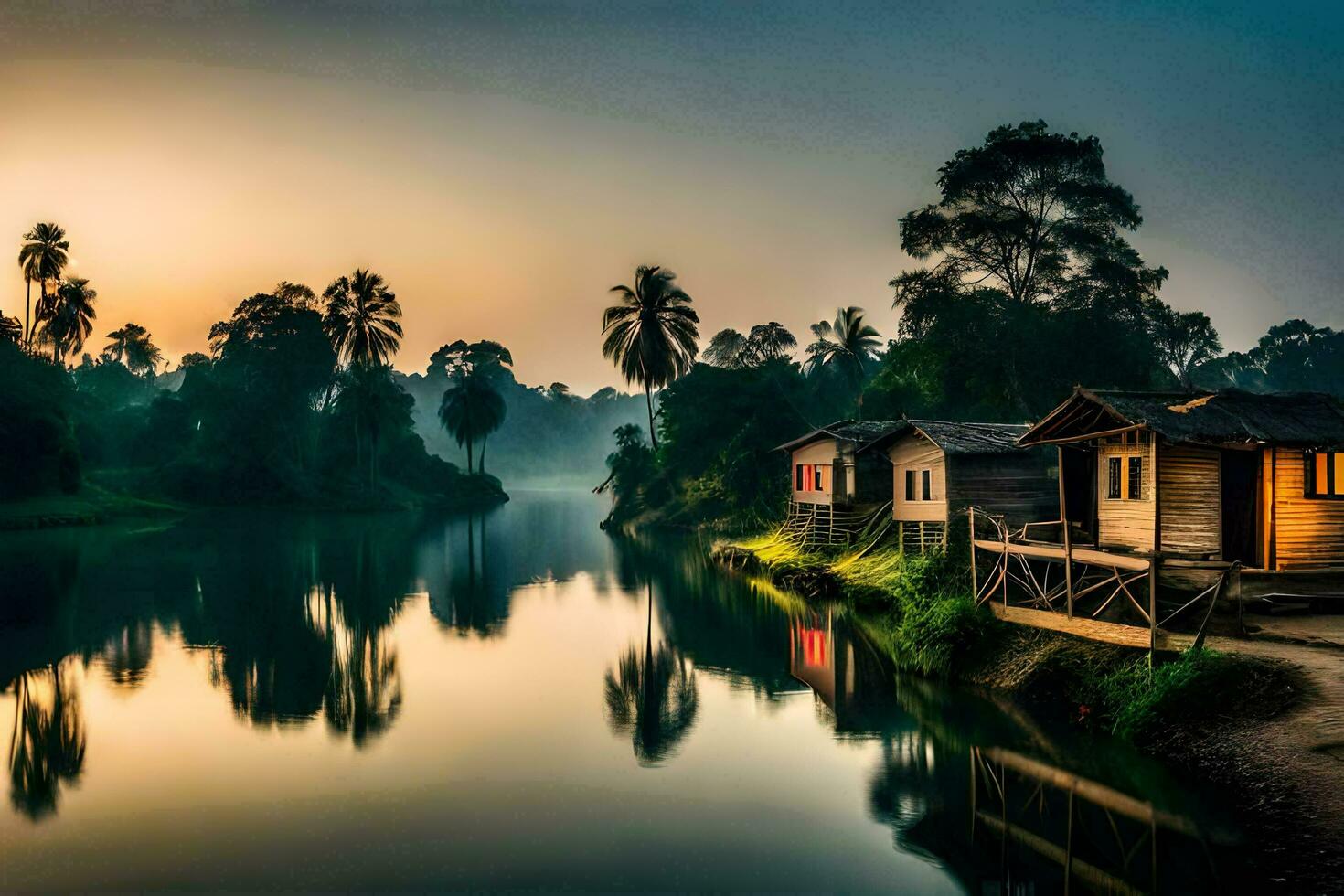 a river with a house on the bank at sunrise. AI-Generated photo