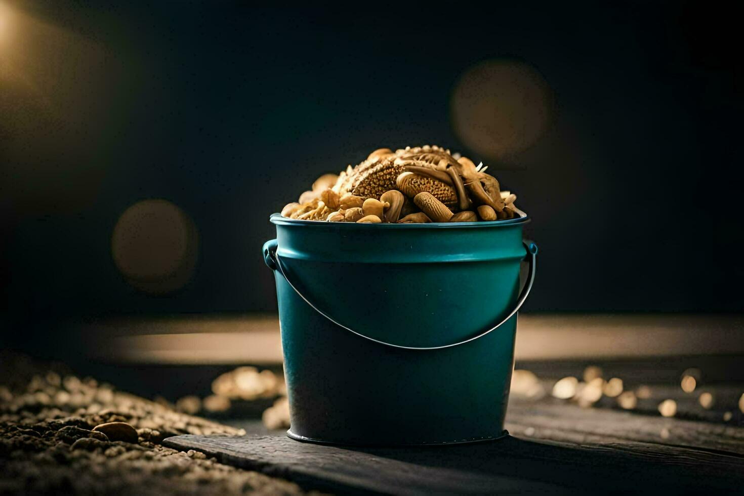 a bucket filled with peanuts on a wooden table. AI-Generated photo