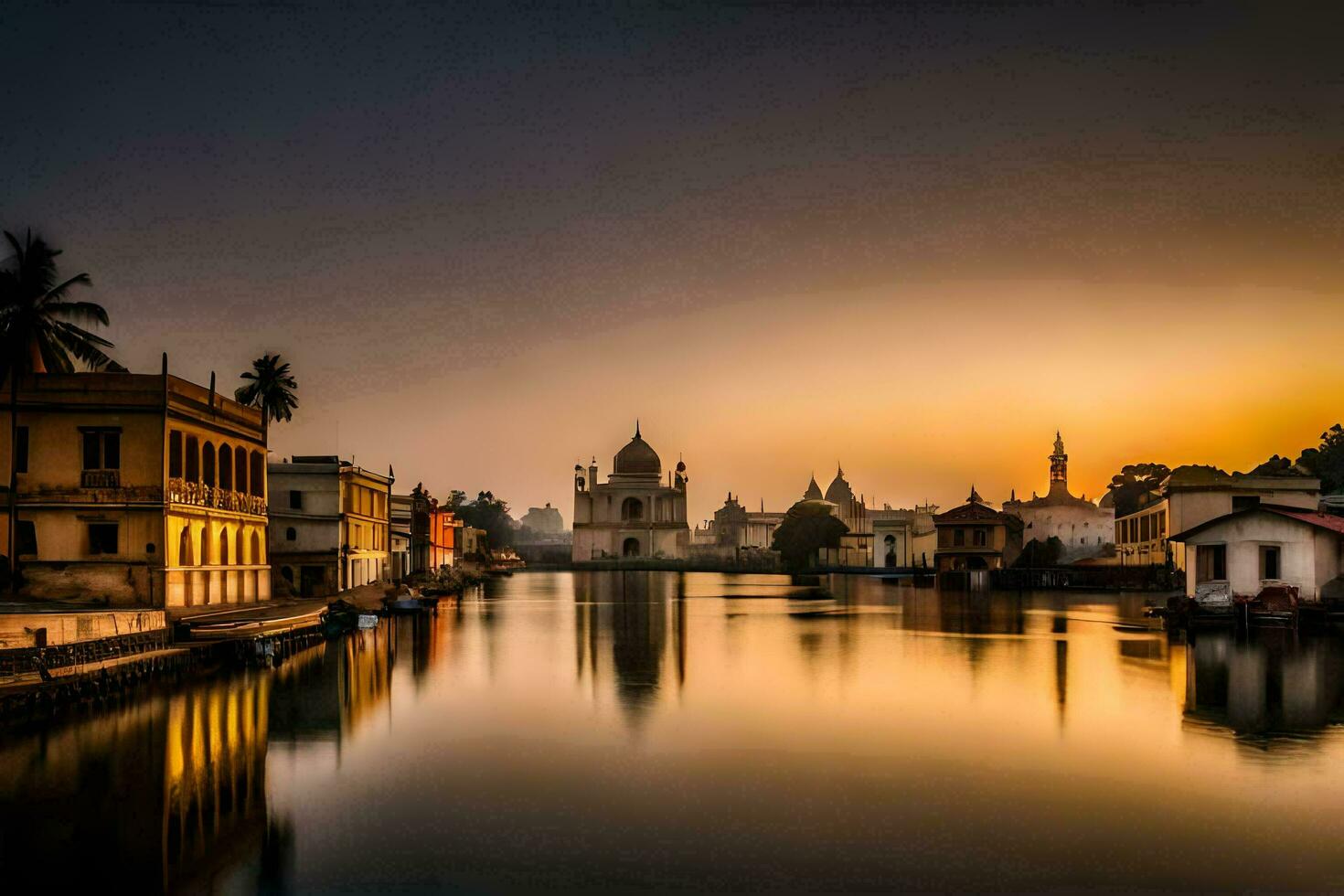 the sun sets over a river in india. AI-Generated photo