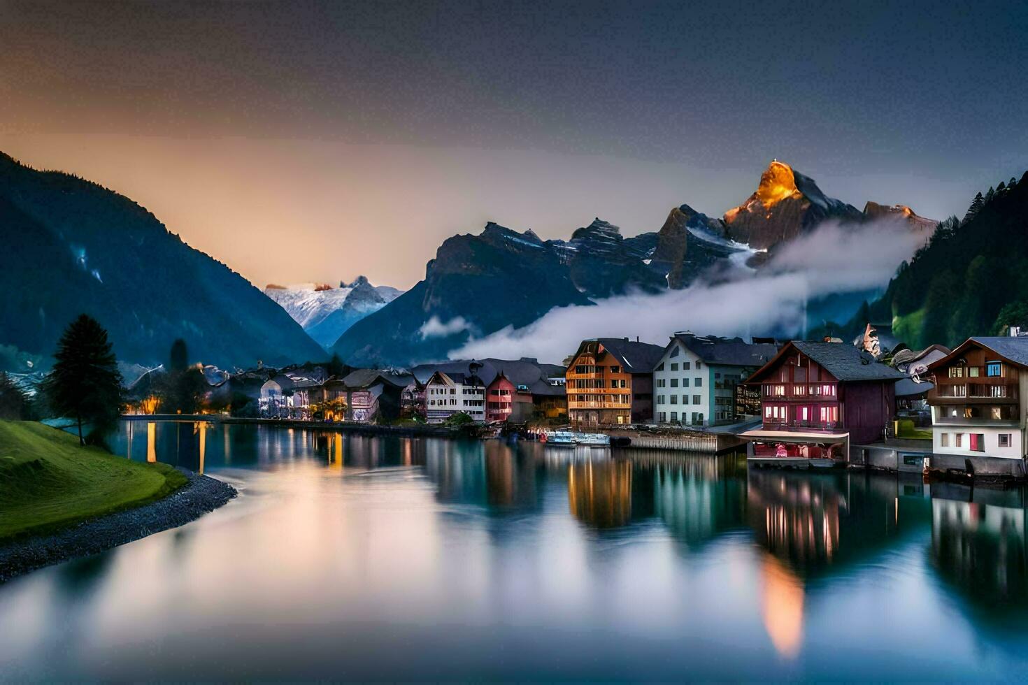 the beautiful town of switzerland at sunset. AI-Generated photo