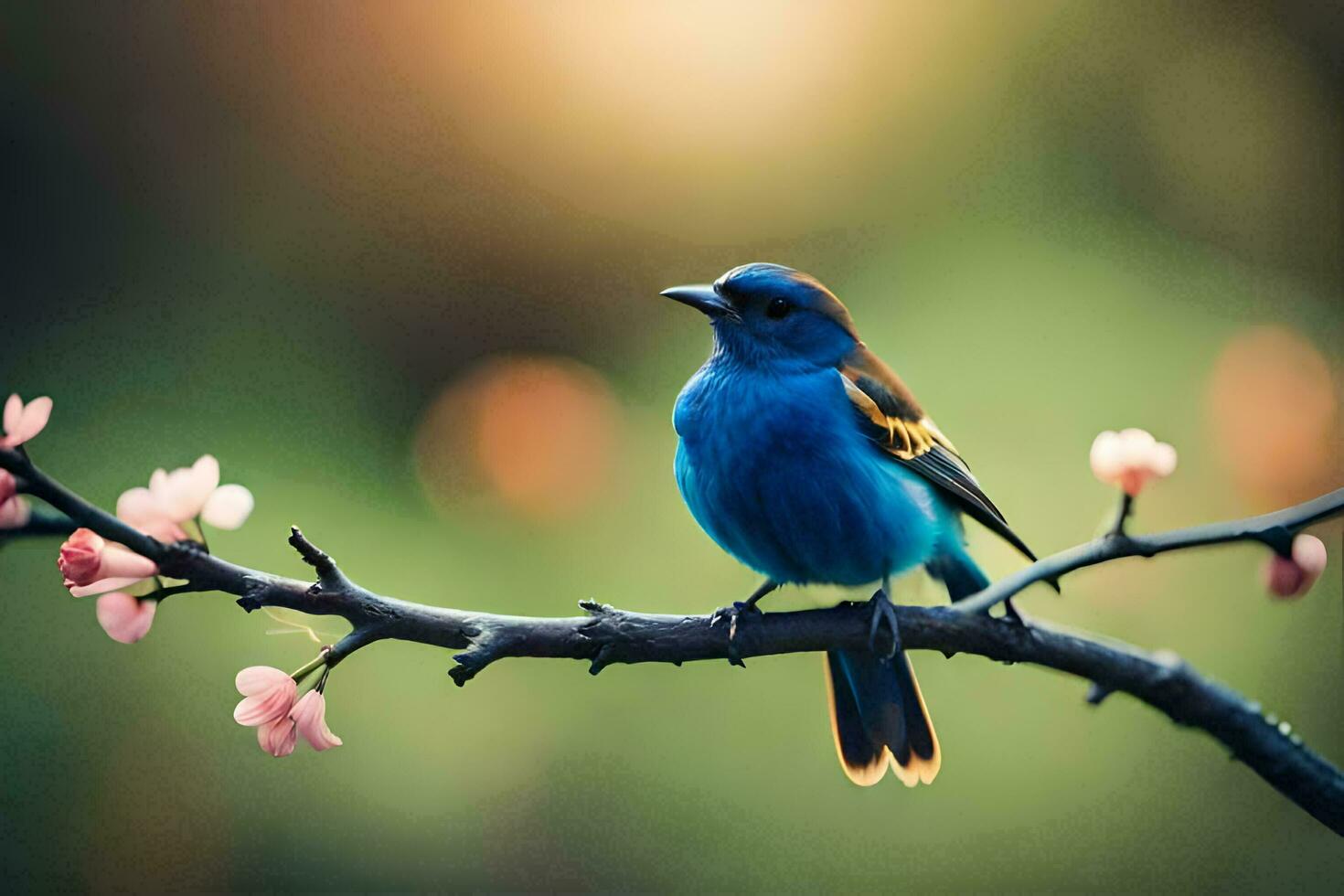 a blue bird sits on a branch with pink flowers. AI-Generated photo
