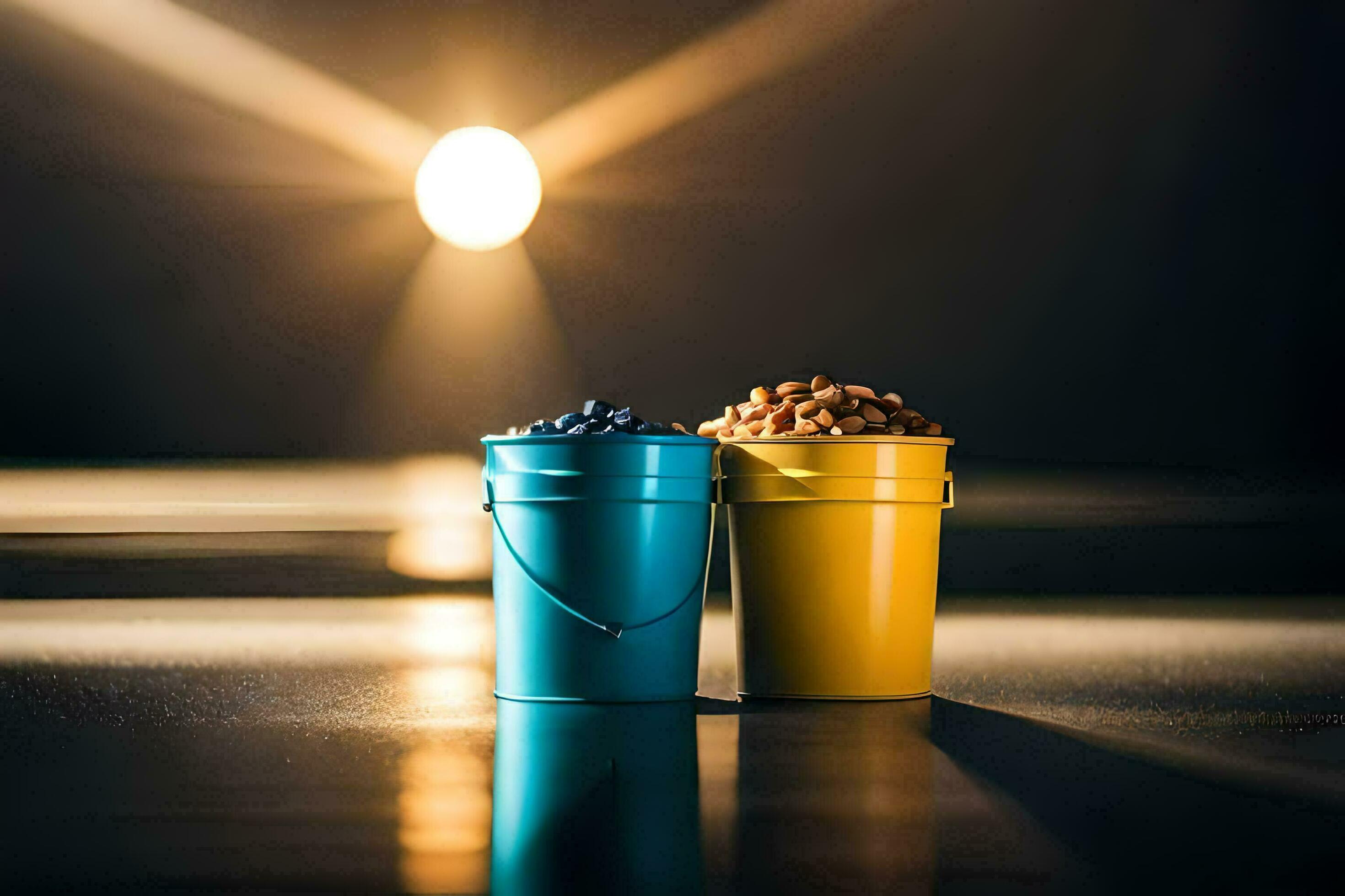 two buckets of nuts on a table. AIGenerated 33423266 Stock Photo at