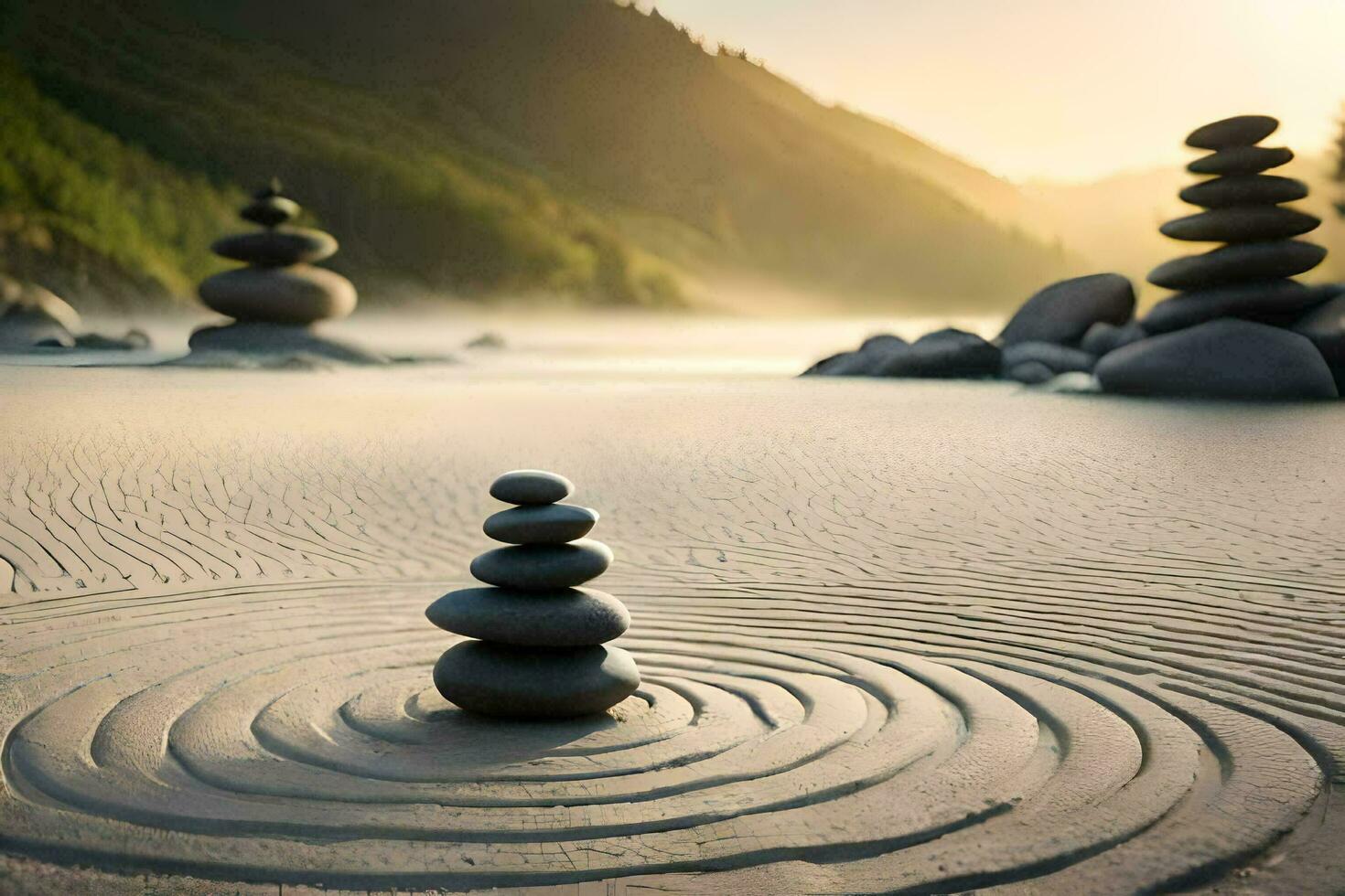 a stack of rocks in the sand with a mountain in the background. AI-Generated photo