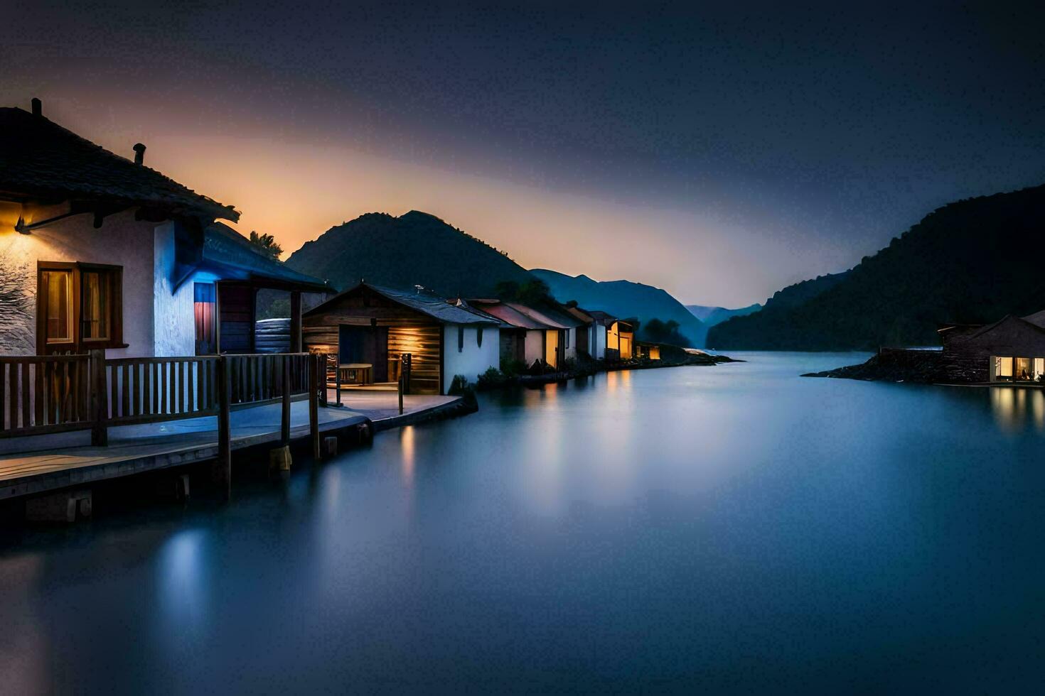 photo wallpaper the sky, water, mountains, lake, house, the night, the lake,. AI-Generated