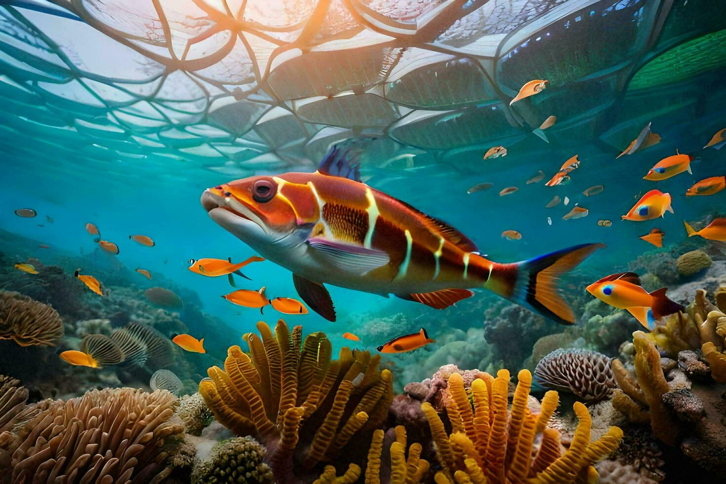 un submarino escena con un pescado nadando en el océano. generado por ai foto