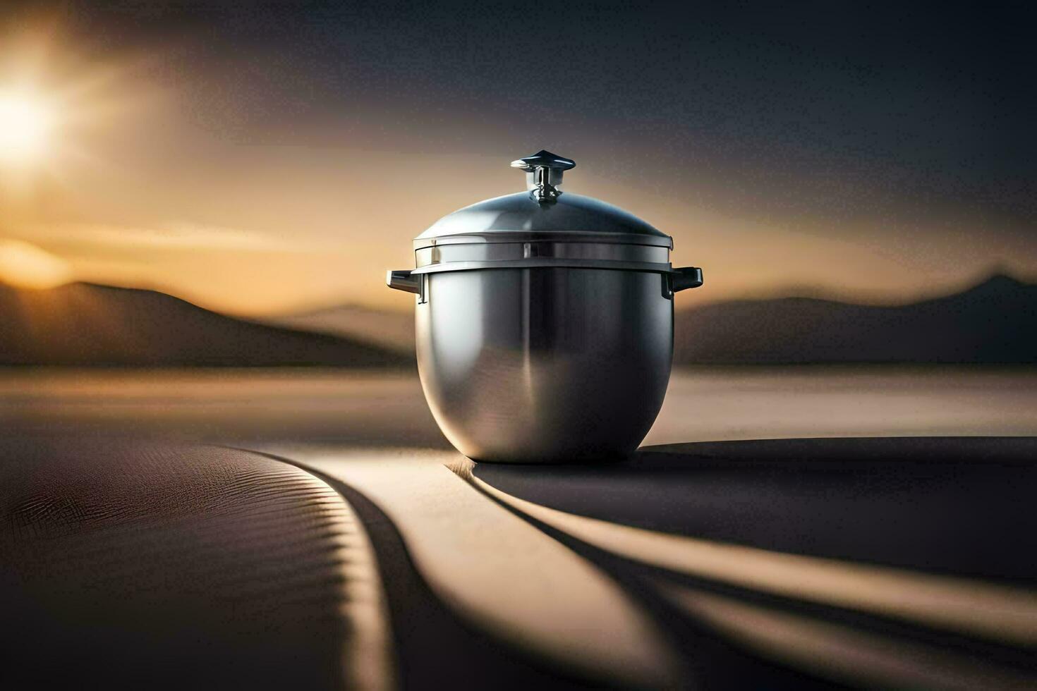 a silver canister sitting on top of a sand dune. AI-Generated photo