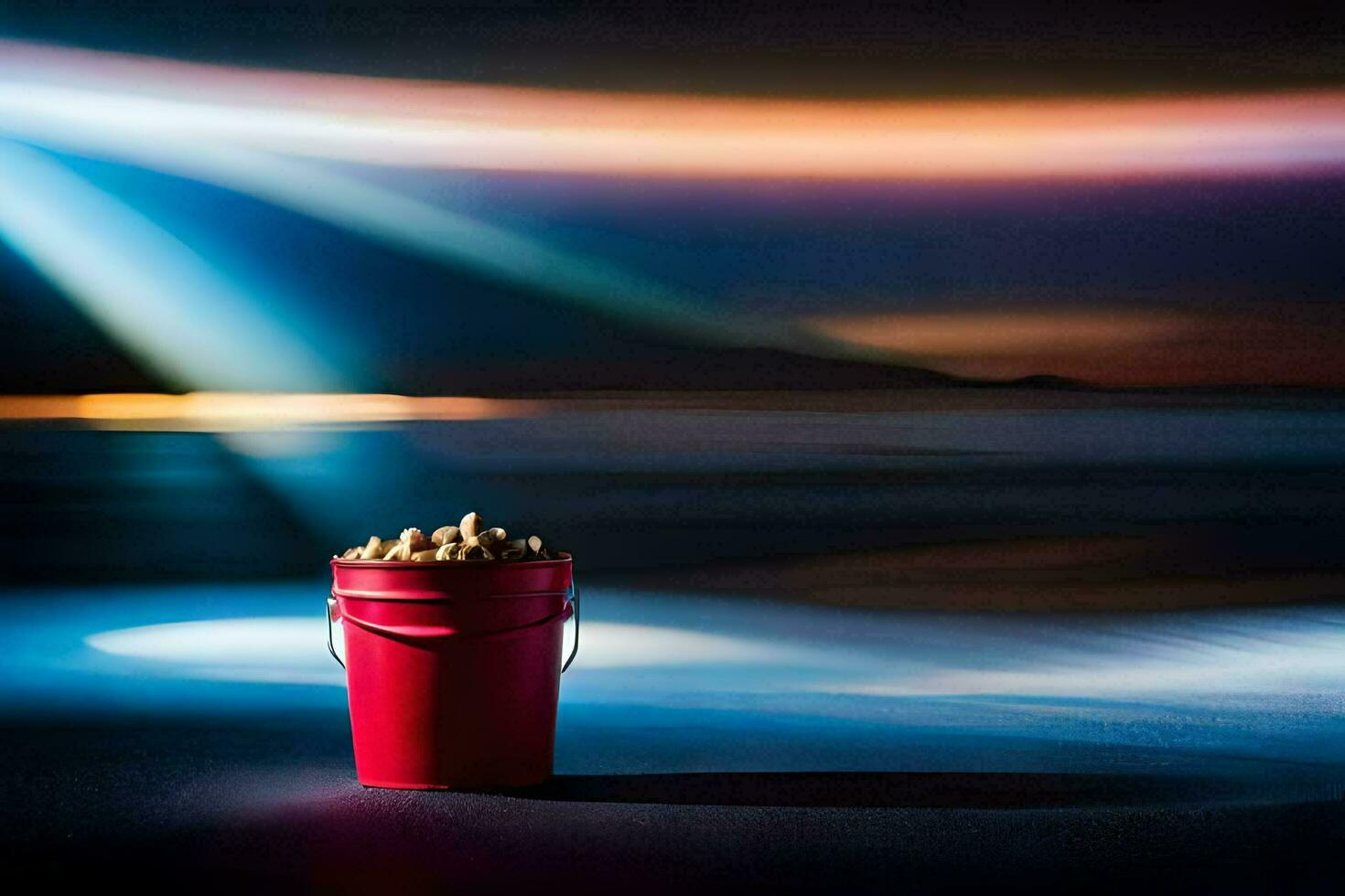 a bucket of peanuts on the beach with a light shining on it. AI-Generated photo