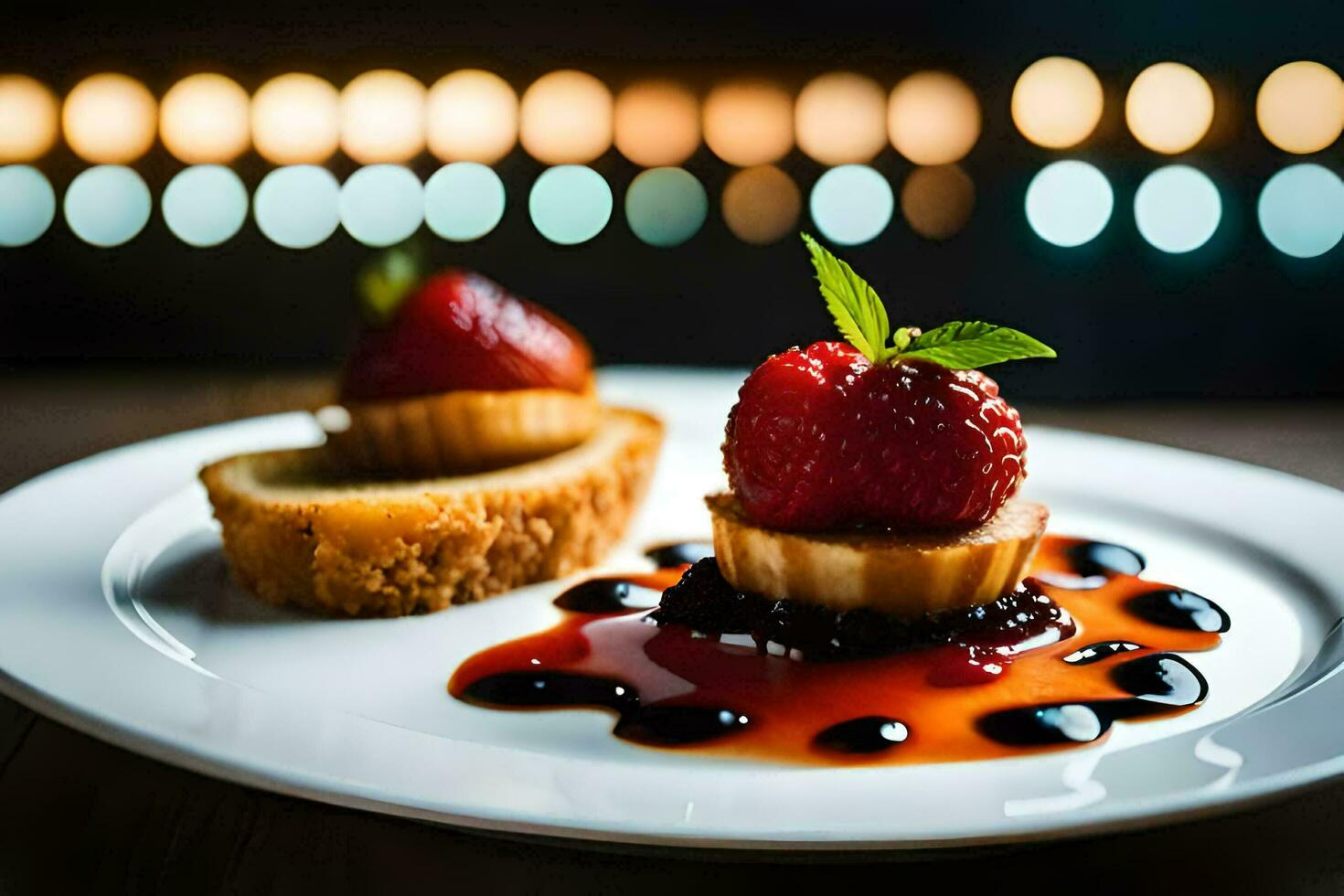 a plate with dessert and strawberries on it. AI-Generated photo