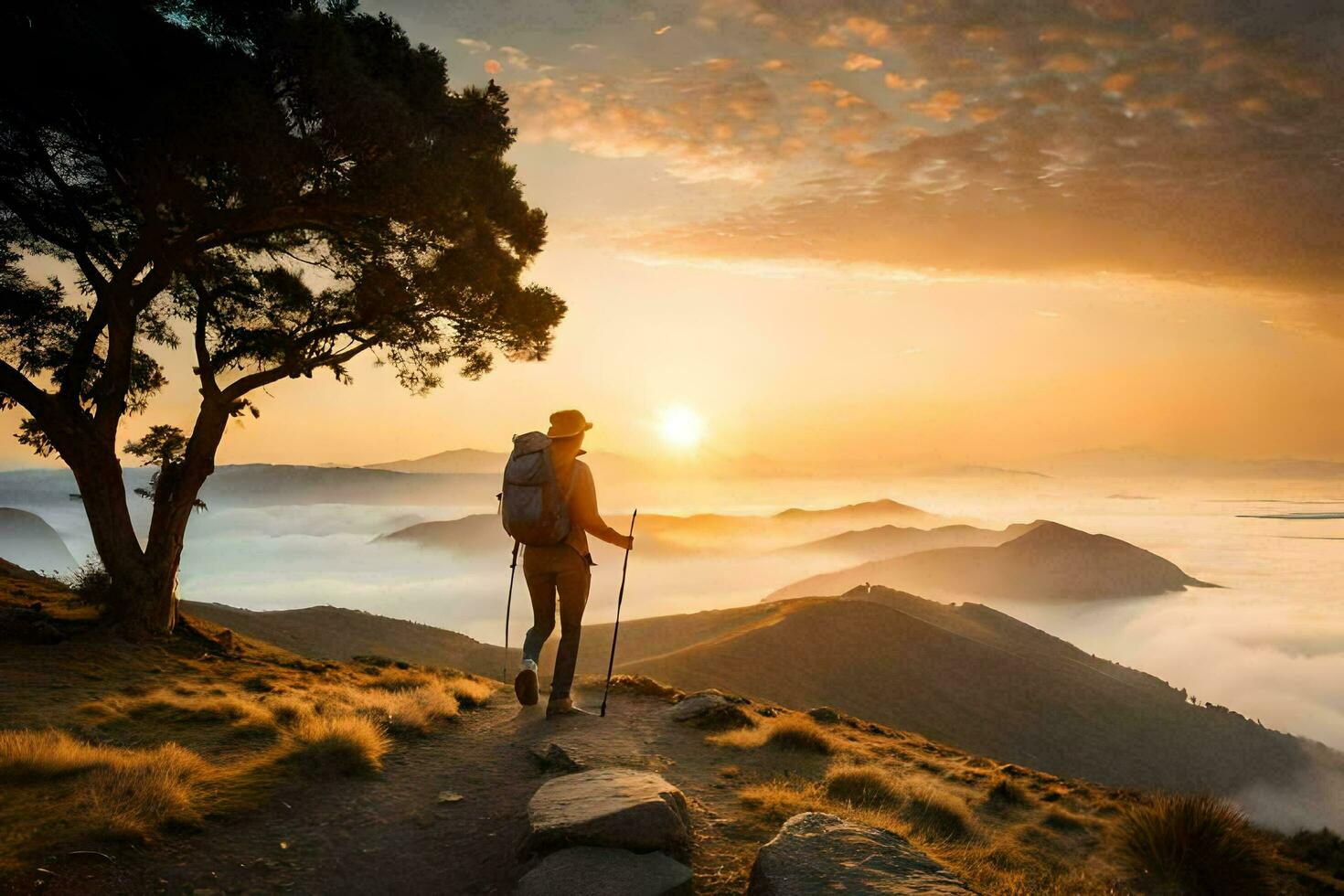 un hombre con mochila y trekking polos es en pie en el parte superior de un montaña a amanecer. generado por ai foto