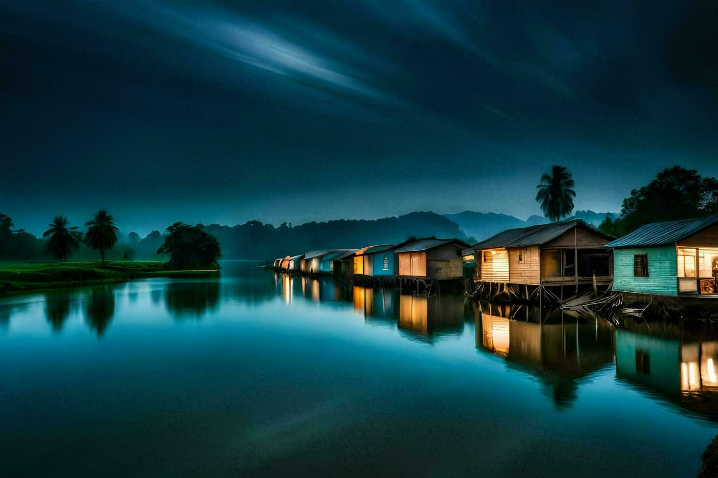 houses on the water at night. AI-Generated photo