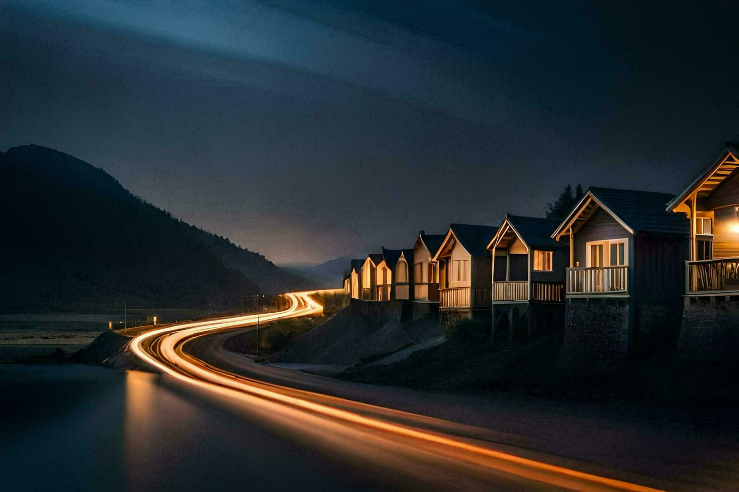 photo wallpaper the night, houses, the road, the lake, the mountains, the lake,. AI-Generated